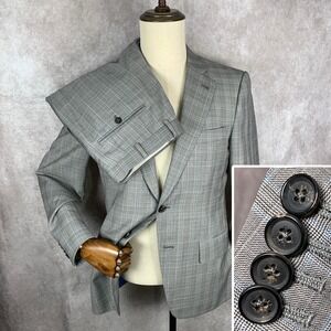 Isaia Napoli Suit Men 38S Gray Windowpane Wool 32x29 Italy Made Surgeon Cuff